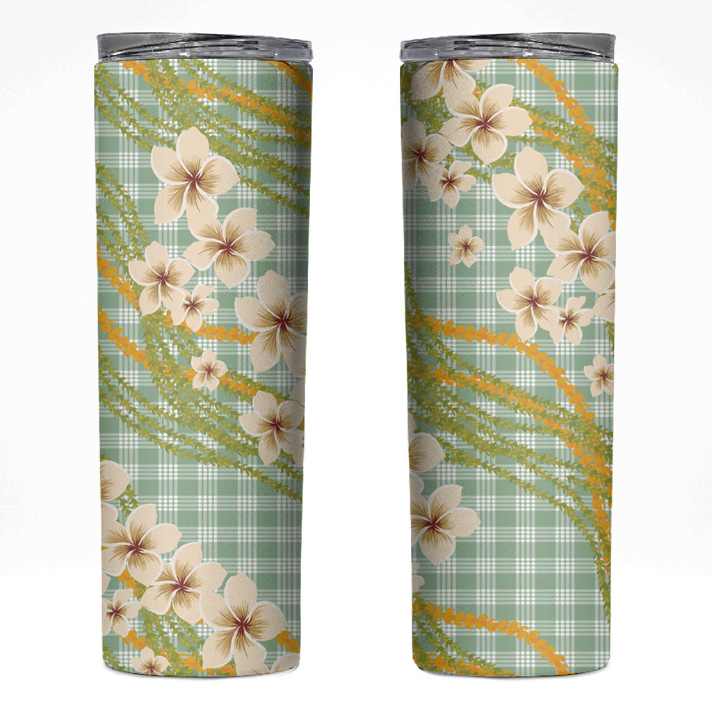 Liko Kukui Hawai'i Palaka Plumeria Skinny Tumbler Puakenikeni and Maile Lei LT9 Sage Green - Polynesian Pride