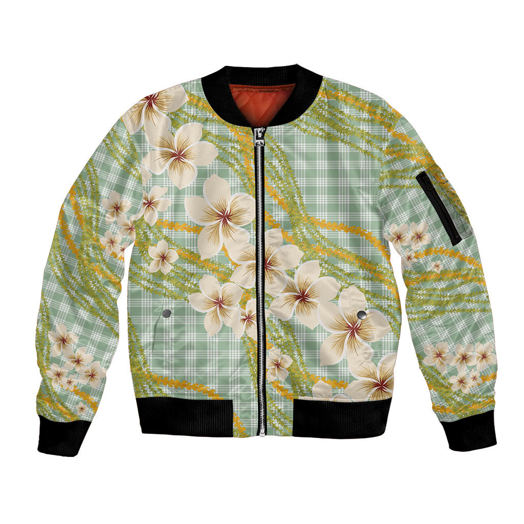 Liko Kukui Hawai'i Palaka Plumeria Sleeve Zip Bomber Jacket Puakenikeni and Maile Lei LT9 Unisex Sage Green - Polynesian Pride