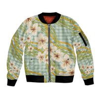 Liko Kukui Hawai'i Palaka Plumeria Sleeve Zip Bomber Jacket Puakenikeni and Maile Lei LT9 Unisex Sage Green - Polynesian Pride