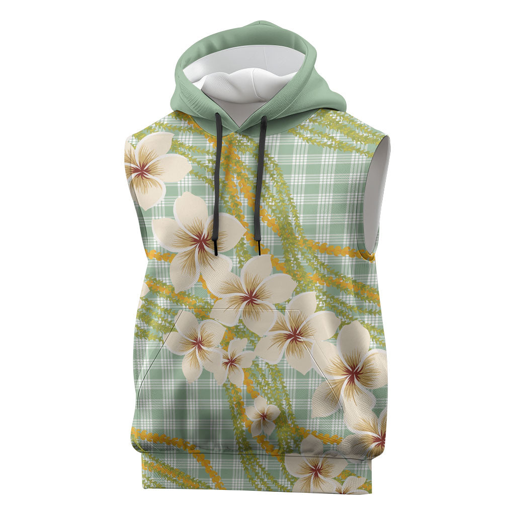 Liko Kukui Hawai'i Palaka Plumeria Sleeveless Hoodie Puakenikeni and Maile Lei LT9 Sage Green - Polynesian Pride