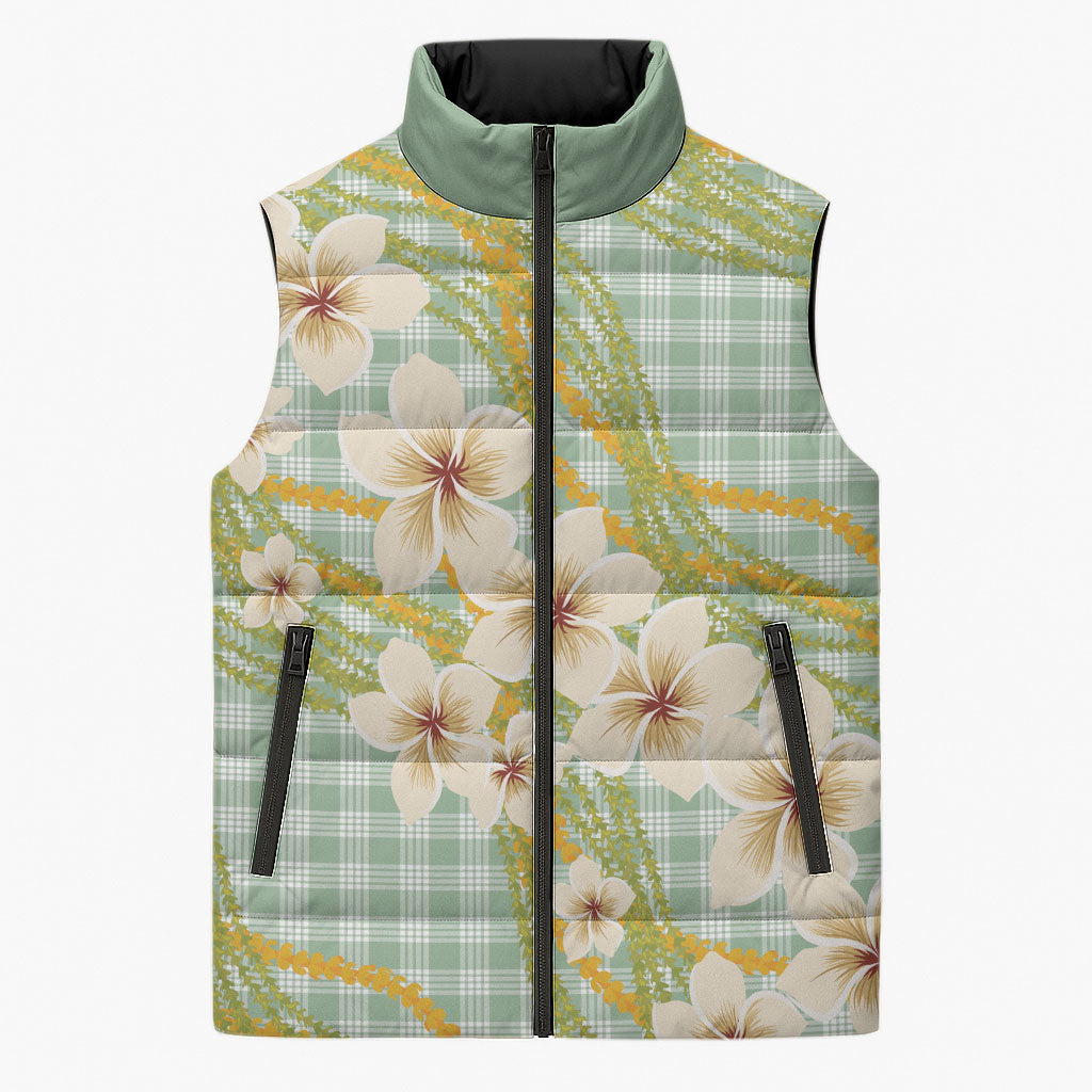 Liko Kukui Hawai'i Palaka Plumeria Sleeveless Puffer Jacket Puakenikeni and Maile Lei LT9 Unisex Sage Green - Polynesian Pride