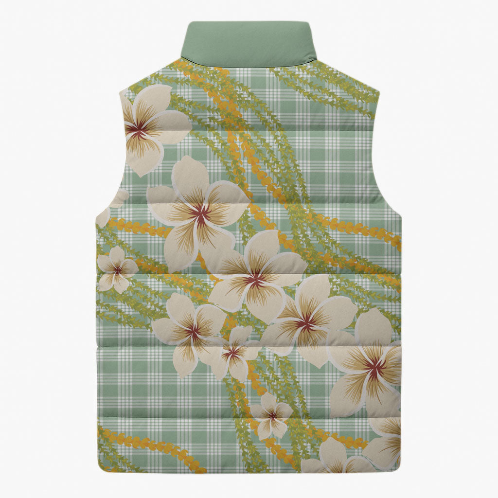 Liko Kukui Hawai'i Palaka Plumeria Sleeveless Puffer Jacket Puakenikeni and Maile Lei LT9 - Polynesian Pride
