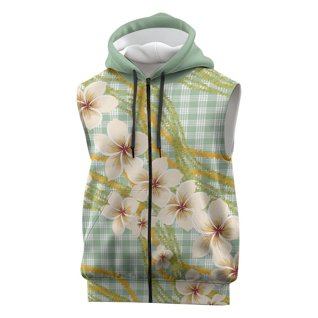 Liko Kukui Hawai'i Palaka Plumeria Sleeveless Zip Hoodie Puakenikeni and Maile Lei LT9 Sage Green - Polynesian Pride