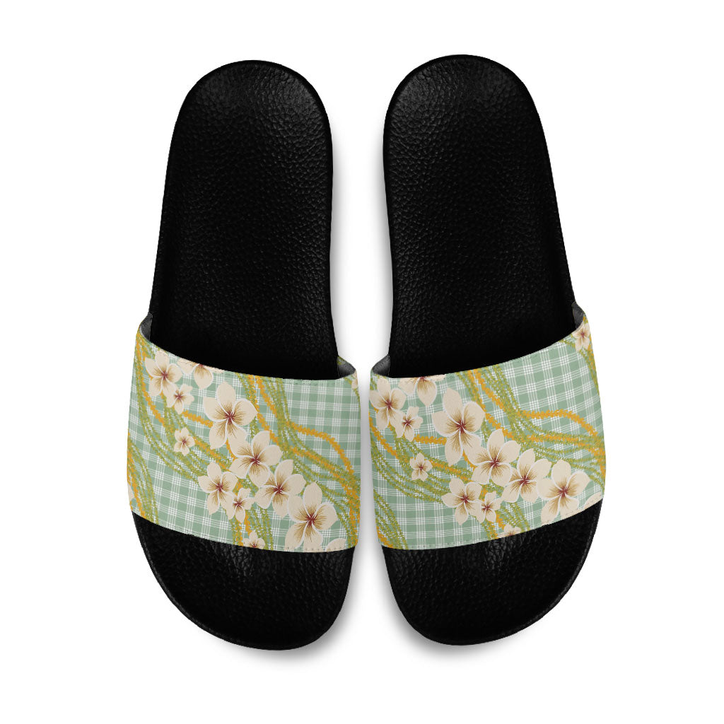 Liko Kukui Hawai'i Palaka Plumeria Slide Sandals Puakenikeni and Maile Lei LT9 Sage Green - Polynesian Pride