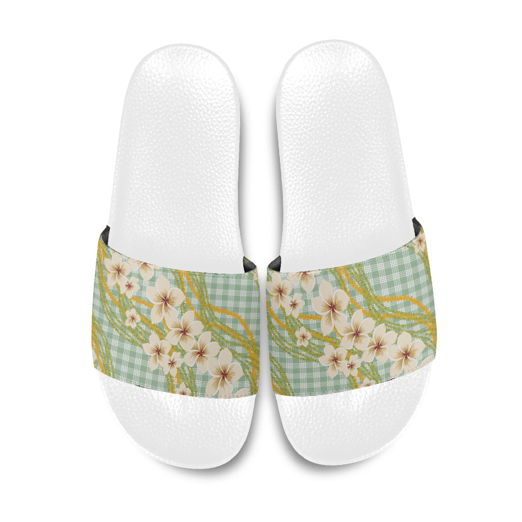 Liko Kukui Hawai'i Palaka Plumeria Slide Sandals Puakenikeni and Maile Lei LT9 Sage Green - Polynesian Pride