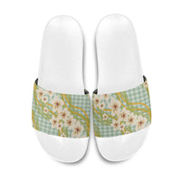 Liko Kukui Hawai'i Palaka Plumeria Slide Sandals Puakenikeni and Maile Lei LT9 Sage Green - Polynesian Pride