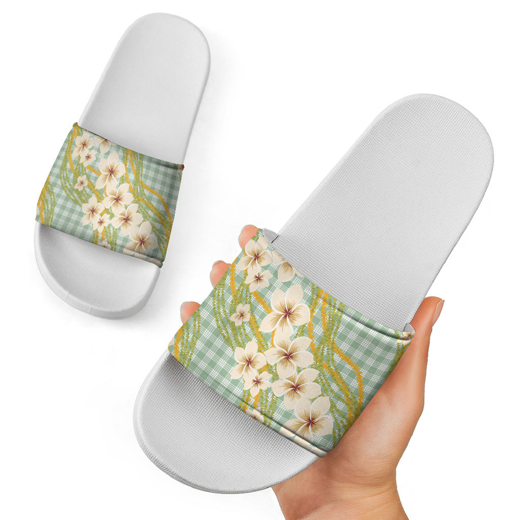 Liko Kukui Hawai'i Palaka Plumeria Slide Sandals Puakenikeni and Maile Lei LT9 - Polynesian Pride