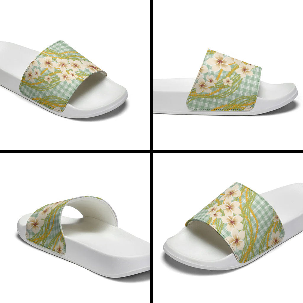 Liko Kukui Hawai'i Palaka Plumeria Slide Sandals Puakenikeni and Maile Lei LT9 - Polynesian Pride
