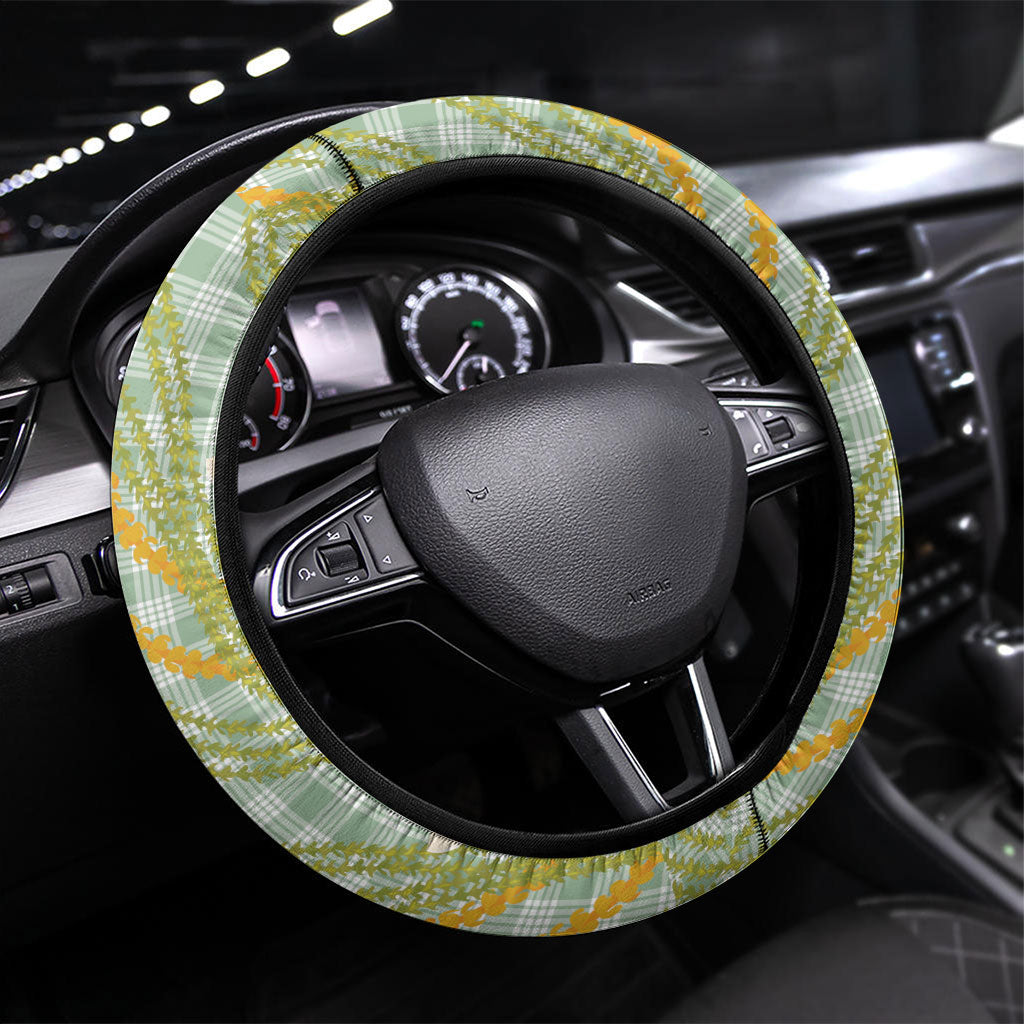 Liko Kukui Hawai'i Palaka Plumeria Steering Wheel Cover Puakenikeni and Maile Lei LT9 Universal Fit Sage Green - Polynesian Pride