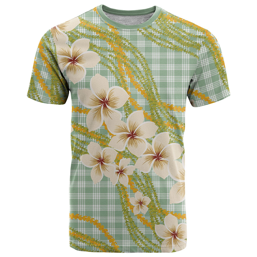 Liko Kukui Hawai'i Palaka Plumeria T Shirt Puakenikeni and Maile Lei LT9 Sage Green - Polynesian Pride