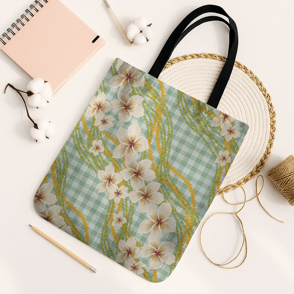 Liko Kukui Hawai'i Palaka Plumeria Tote Bag Puakenikeni and Maile Lei LT9 Black Strap One Size Sage Green - Polynesian Pride