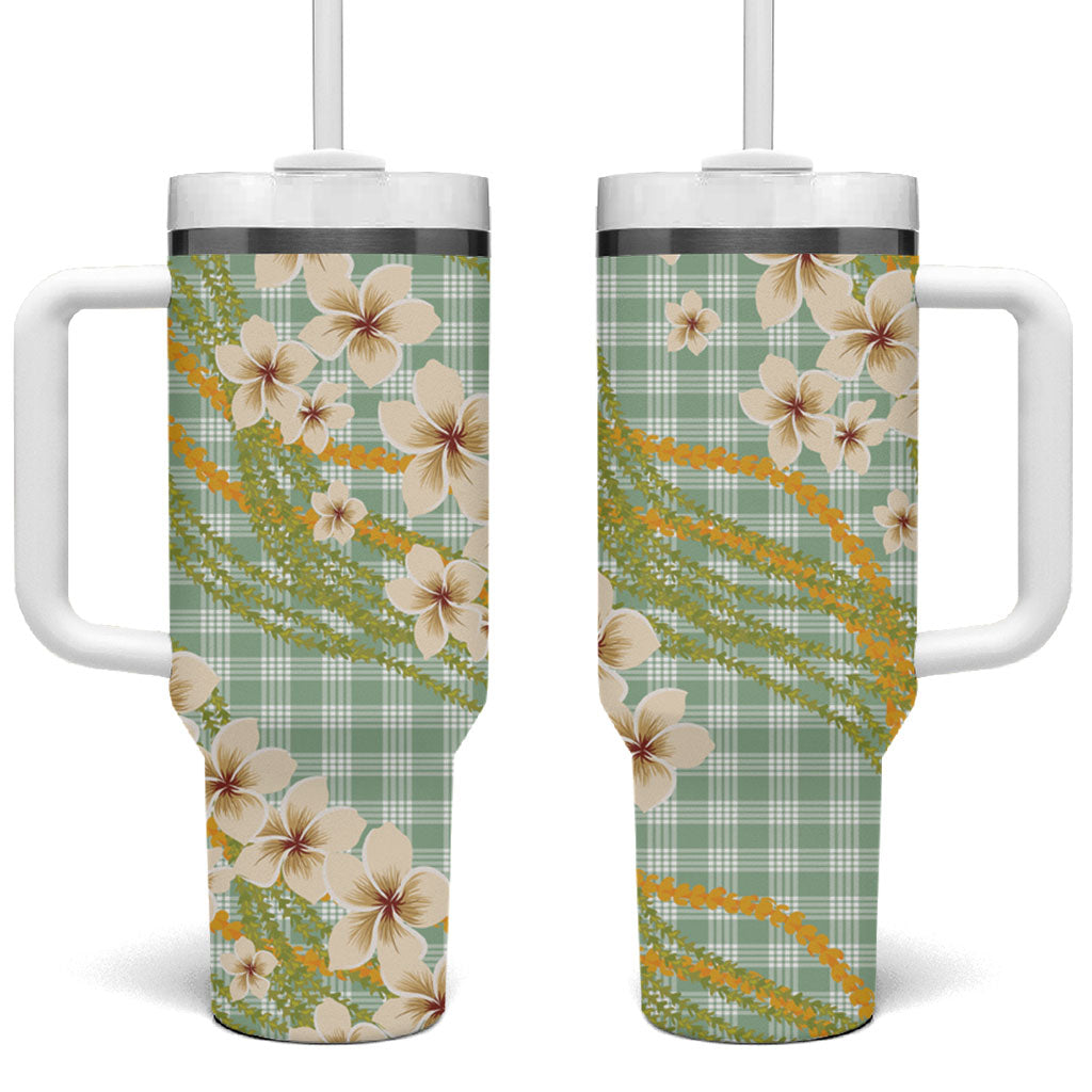 Liko Kukui Hawai'i Palaka Plumeria Tumbler With Handle Puakenikeni and Maile Lei LT9 One Size: 40 oz Sage Green - Polynesian Pride