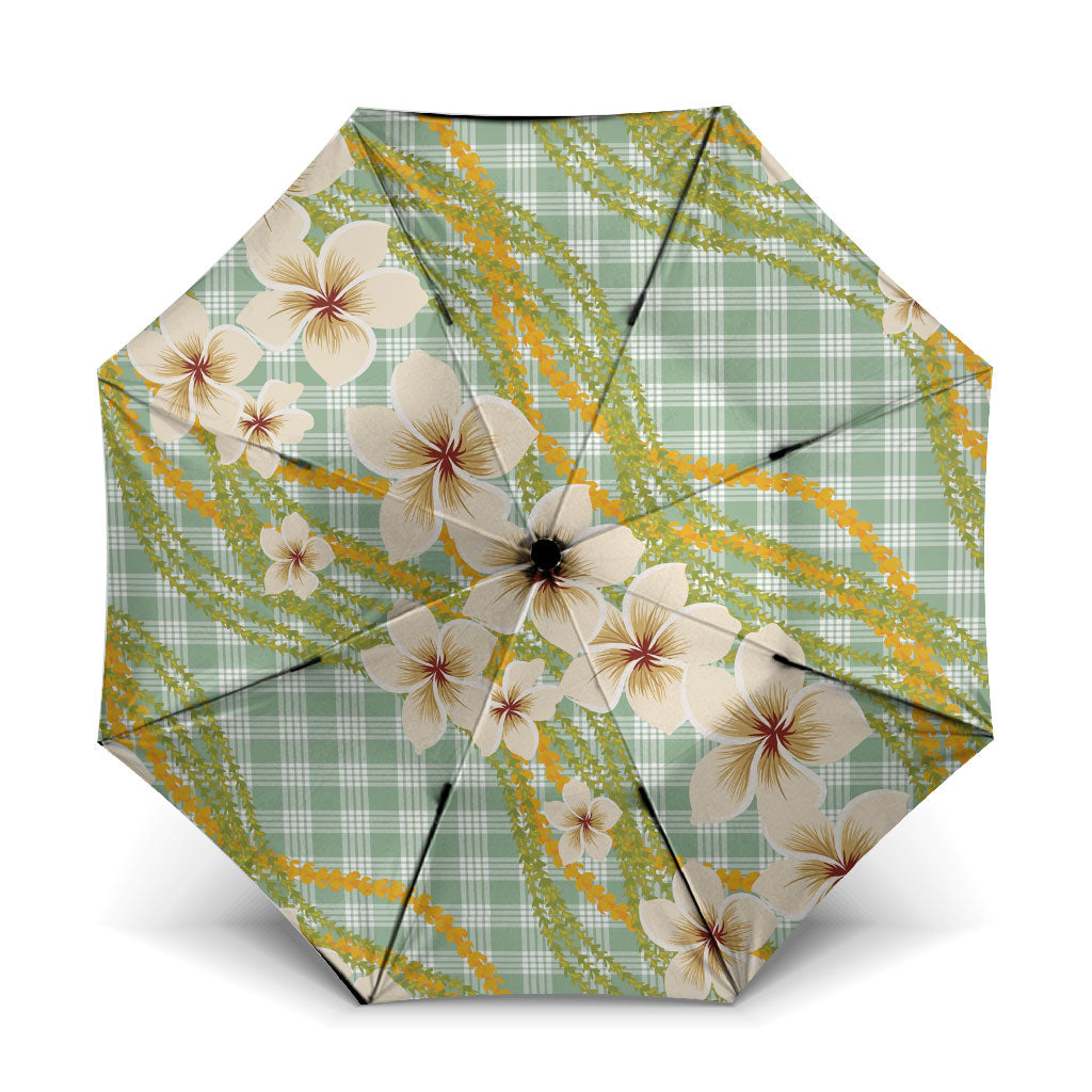 Liko Kukui Hawai'i Palaka Plumeria Umbrella Puakenikeni and Maile Lei LT9 One Size Folded 11.42 inch Opened Diameter 37.4 inch Sage Green - Polynesian Pride