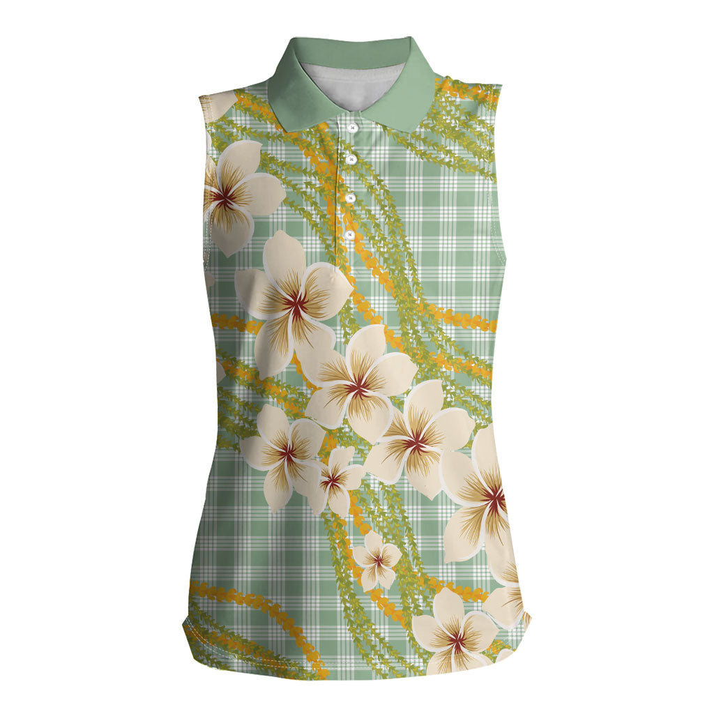Liko Kukui Hawai'i Palaka Plumeria Women Sleeveless Polo Shirt Puakenikeni and Maile Lei LT9 Female Sage Green - Polynesian Pride