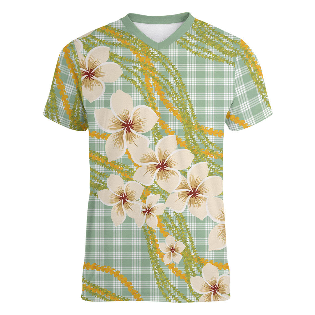 Liko Kukui Hawai'i Palaka Plumeria Women V-Neck T-Shirt Puakenikeni and Maile Lei LT9 Female Sage Green - Polynesian Pride