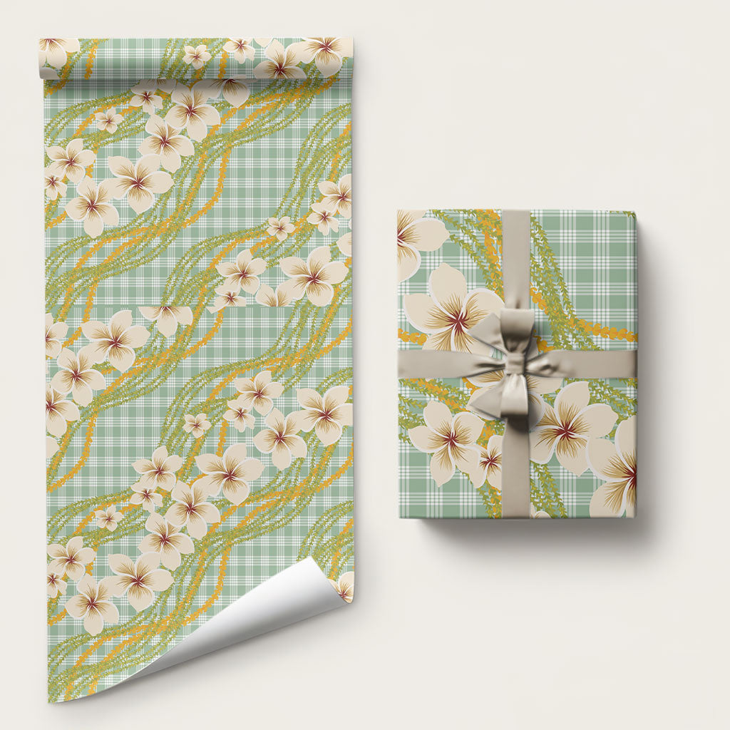 Liko Kukui Hawai'i Palaka Plumeria Wrapping Paper Puakenikeni and Maile Lei LT9 58" × 23" Sage Green - Polynesian Pride