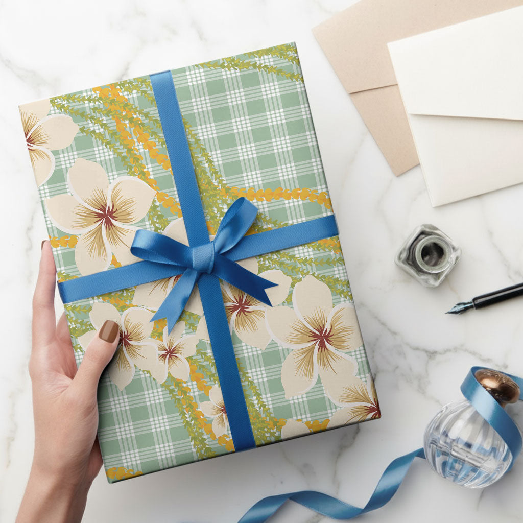 Liko Kukui Hawai'i Palaka Plumeria Wrapping Paper Puakenikeni and Maile Lei LT9 - Polynesian Pride