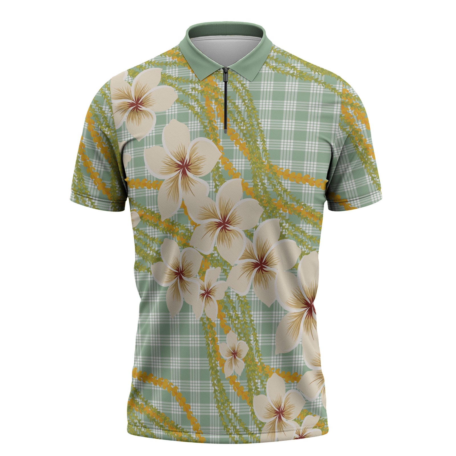 Liko Kukui Hawai'i Palaka Plumeria Zipper Polo Shirt Puakenikeni and Maile Lei LT9 Sage Green - Polynesian Pride