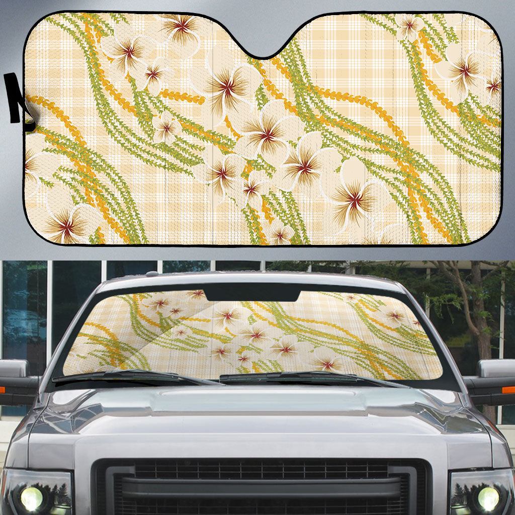 Melemele Ahiahia Hawai'i Palaka Plumeria Auto Sun Shade Puakenikeni and Maile Lei LT9 Pastel Yellow - Polynesian Pride