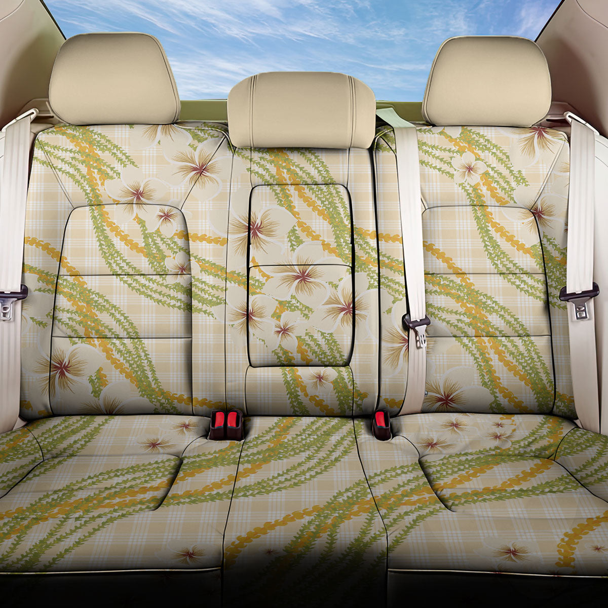 Melemele Ahiahia Hawai'i Palaka Plumeria Back Car Seat Cover Puakenikeni and Maile Lei LT9 One Size Pastel Yellow - Polynesian Pride