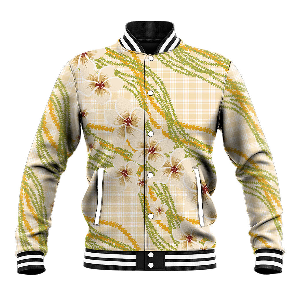 Melemele Ahiahia Hawai'i Palaka Plumeria Baseball Jacket Puakenikeni and Maile Lei LT9 Unisex Pastel Yellow - Polynesian Pride