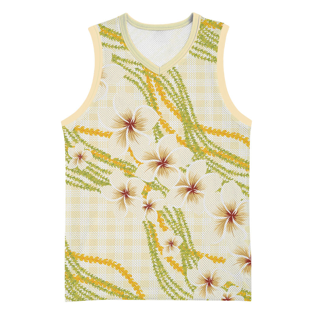 Melemele Ahiahia Hawai'i Palaka Plumeria Basketball Jersey Puakenikeni and Maile Lei LT9 Unisex Pastel Yellow - Polynesian Pride