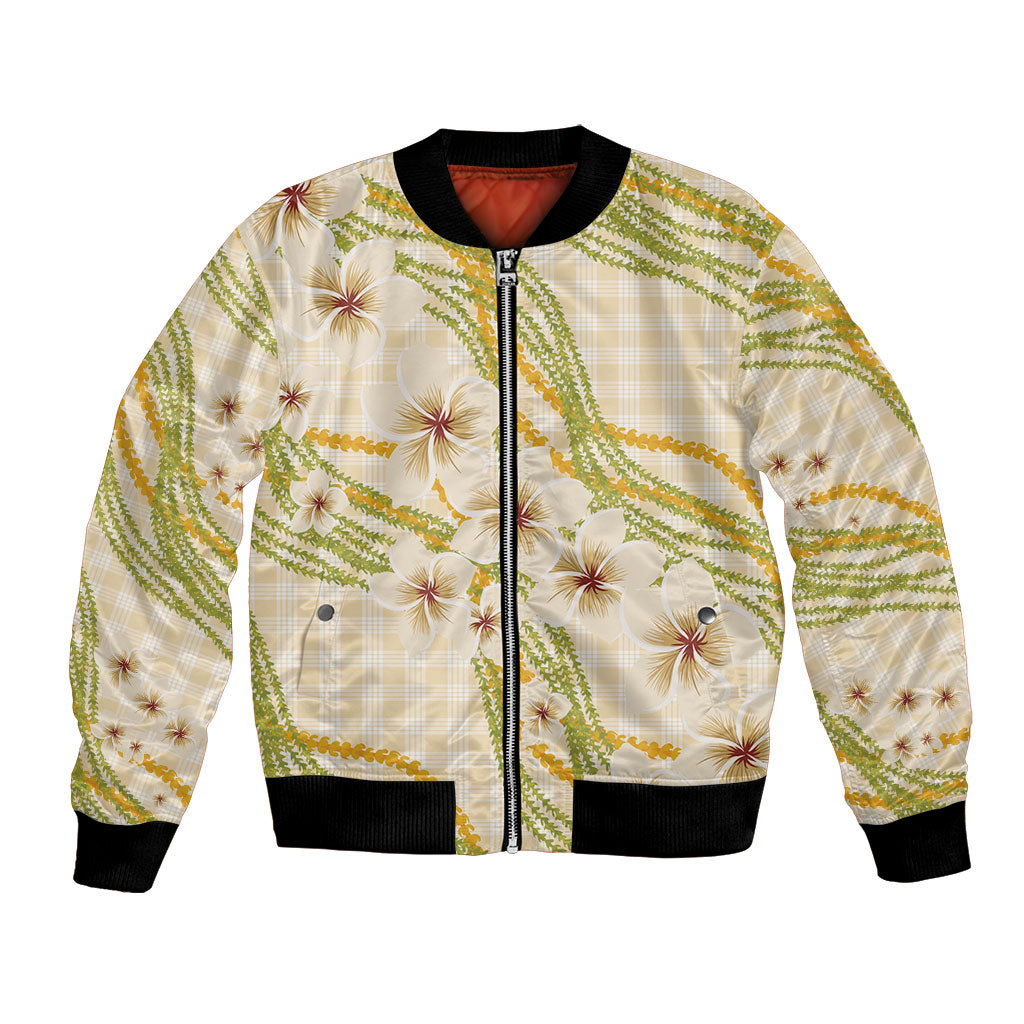 Melemele Ahiahia Hawai'i Palaka Plumeria Bomber Jacket Puakenikeni and Maile Lei LT9 Unisex Pastel Yellow - Polynesian Pride