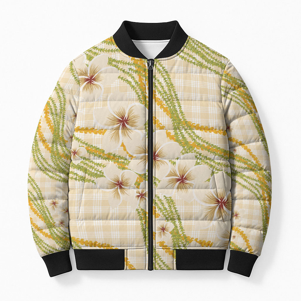 Melemele Ahiahia Hawai'i Palaka Plumeria Bomber Puffer Jacket Puakenikeni and Maile Lei LT9 Unisex Pastel Yellow - Polynesian Pride