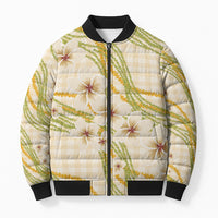 Melemele Ahiahia Hawai'i Palaka Plumeria Bomber Puffer Jacket Puakenikeni and Maile Lei LT9 Unisex Pastel Yellow - Polynesian Pride