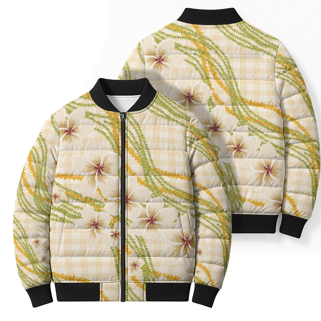 Melemele Ahiahia Hawai'i Palaka Plumeria Bomber Puffer Jacket Puakenikeni and Maile Lei LT9 - Polynesian Pride