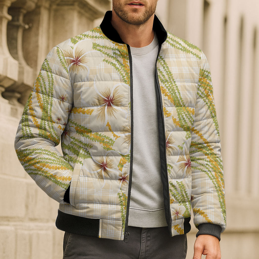 Melemele Ahiahia Hawai'i Palaka Plumeria Bomber Puffer Jacket Puakenikeni and Maile Lei LT9 - Polynesian Pride