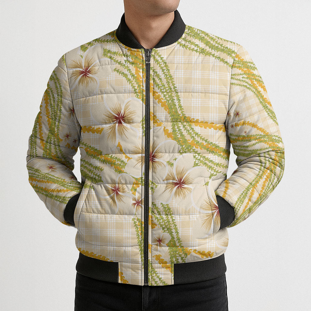 Melemele Ahiahia Hawai'i Palaka Plumeria Bomber Puffer Jacket Puakenikeni and Maile Lei LT9 - Polynesian Pride