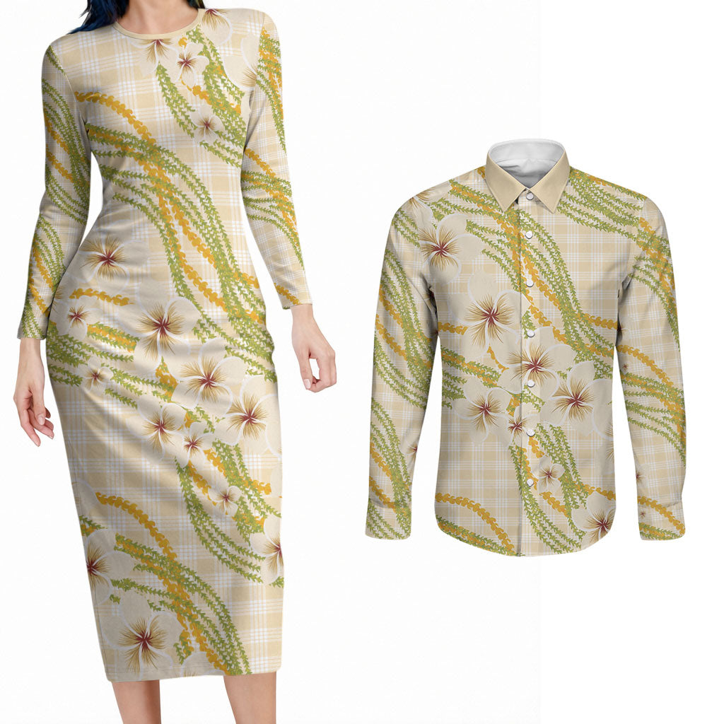 Melemele Ahiahia Hawai'i Palaka Plumeria Couples Matching Long Sleeve Bodycon Dress and Long Sleeve Button Shirt Puakenikeni and Maile Lei LT9 Pastel Yellow - Polynesian Pride