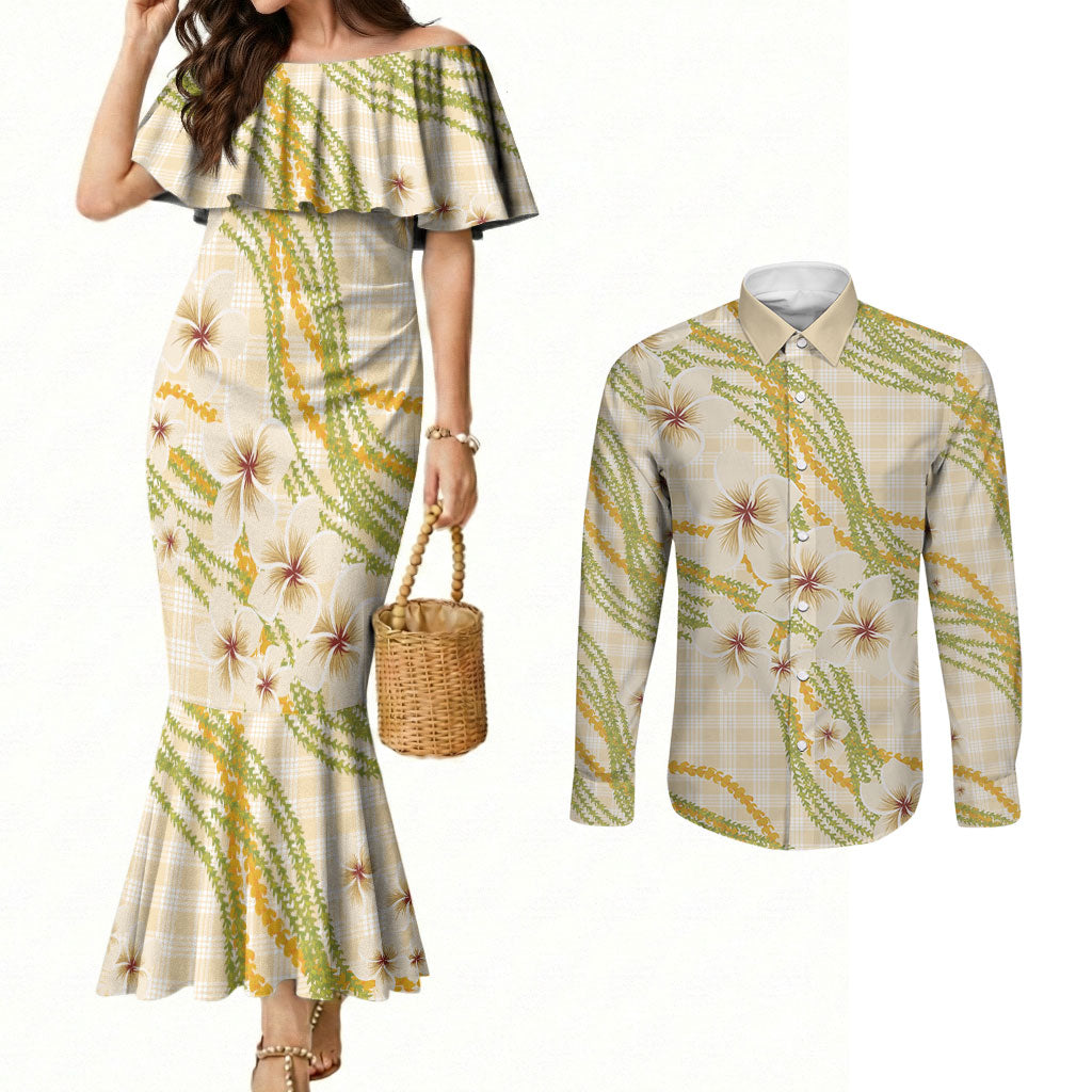 Melemele Ahiahia Hawai'i Palaka Plumeria Couples Matching Mermaid Dress and Long Sleeve Button Shirt Puakenikeni and Maile Lei LT9 Pastel Yellow - Polynesian Pride