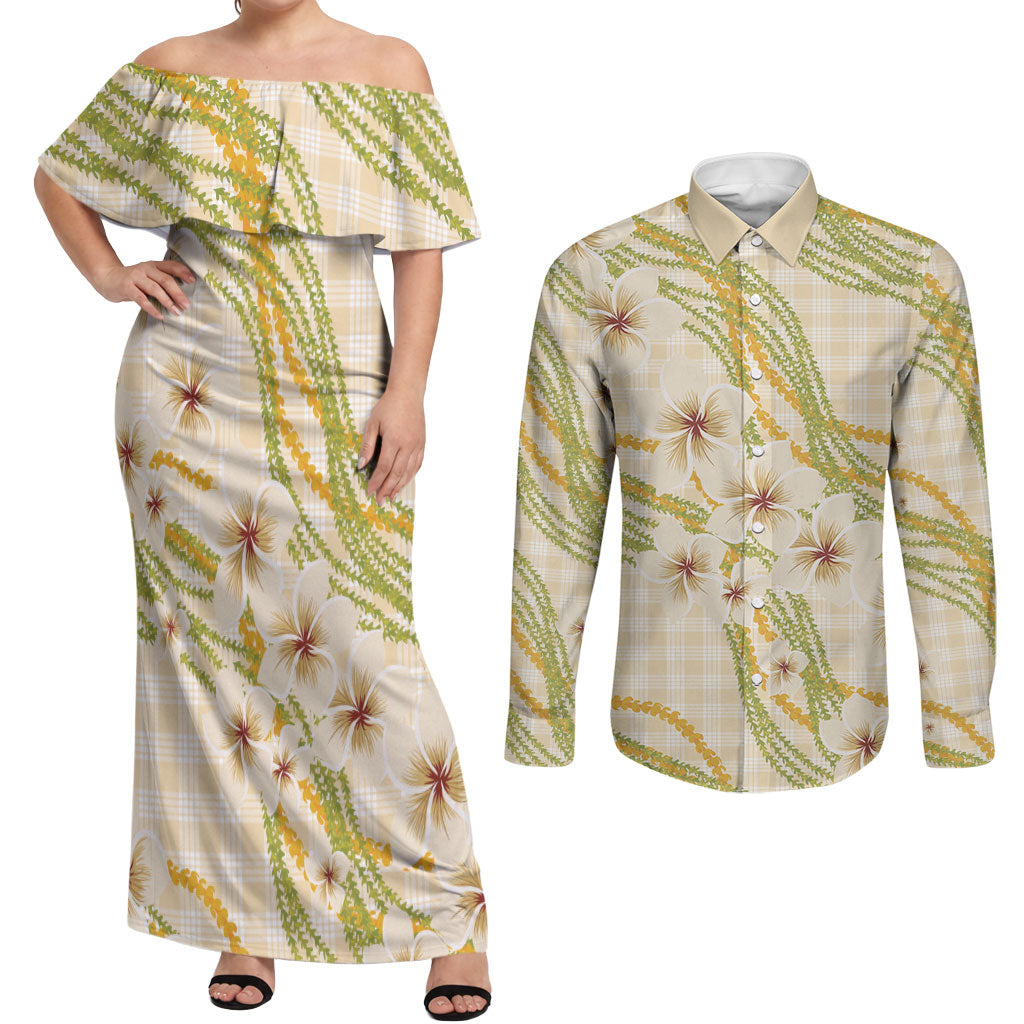 Melemele Ahiahia Hawai'i Palaka Plumeria Couples Matching Off Shoulder Maxi Dress and Long Sleeve Button Shirt Puakenikeni and Maile Lei LT9 Pastel Yellow - Polynesian Pride
