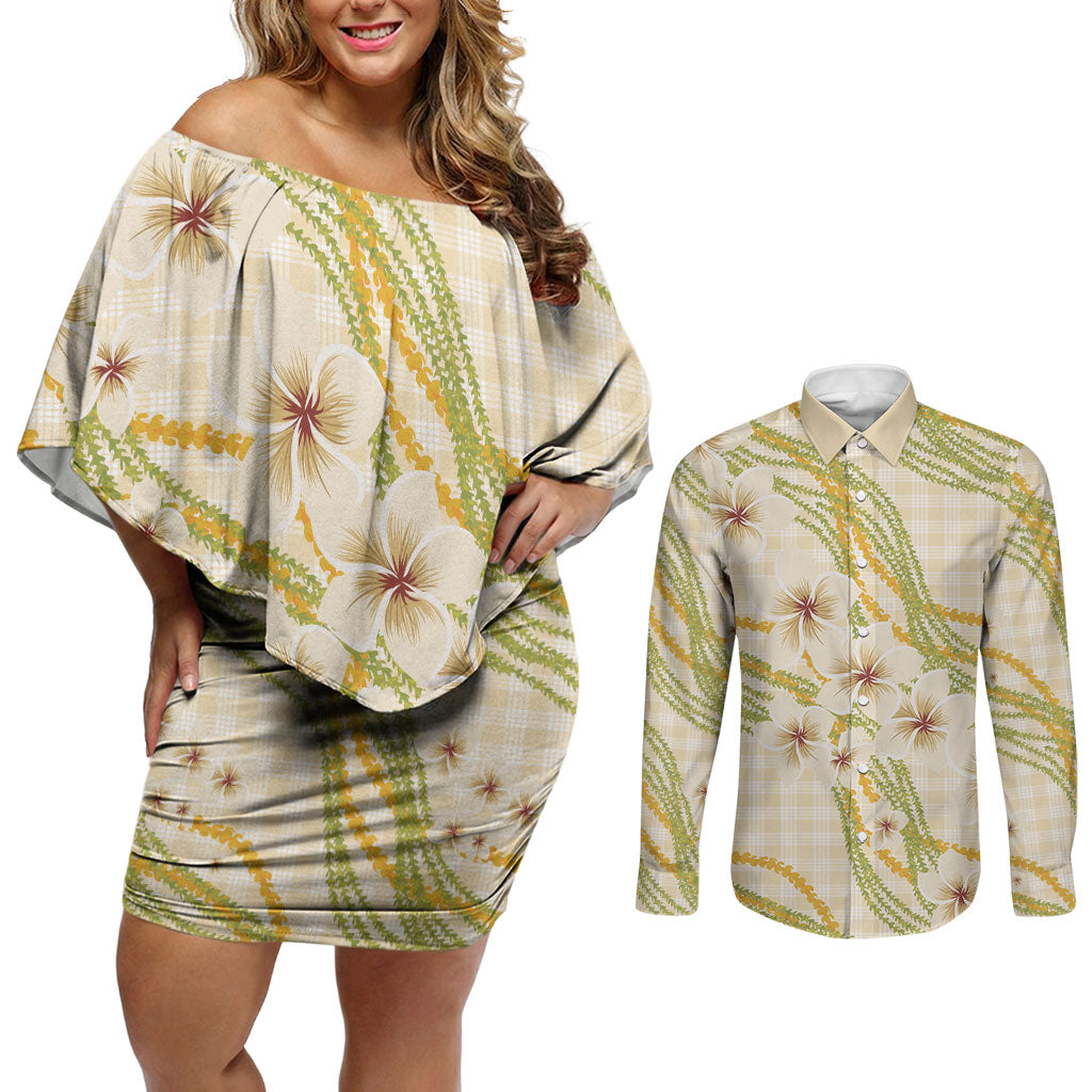 Melemele Ahiahia Hawai'i Palaka Plumeria Couples Matching Off Shoulder Short Dress and Long Sleeve Button Shirt Puakenikeni and Maile Lei LT9 Pastel Yellow - Polynesian Pride