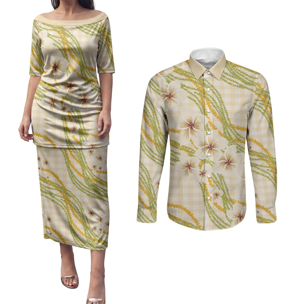 Melemele Ahiahia Hawai'i Palaka Plumeria Couples Matching Puletasi and Long Sleeve Button Shirt Puakenikeni and Maile Lei LT9 Pastel Yellow - Polynesian Pride