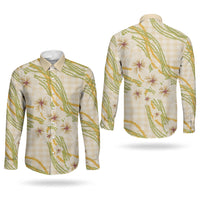 Melemele Ahiahia Hawai'i Palaka Plumeria Couples Matching Puletasi and Long Sleeve Button Shirt Puakenikeni and Maile Lei LT9 - Polynesian Pride