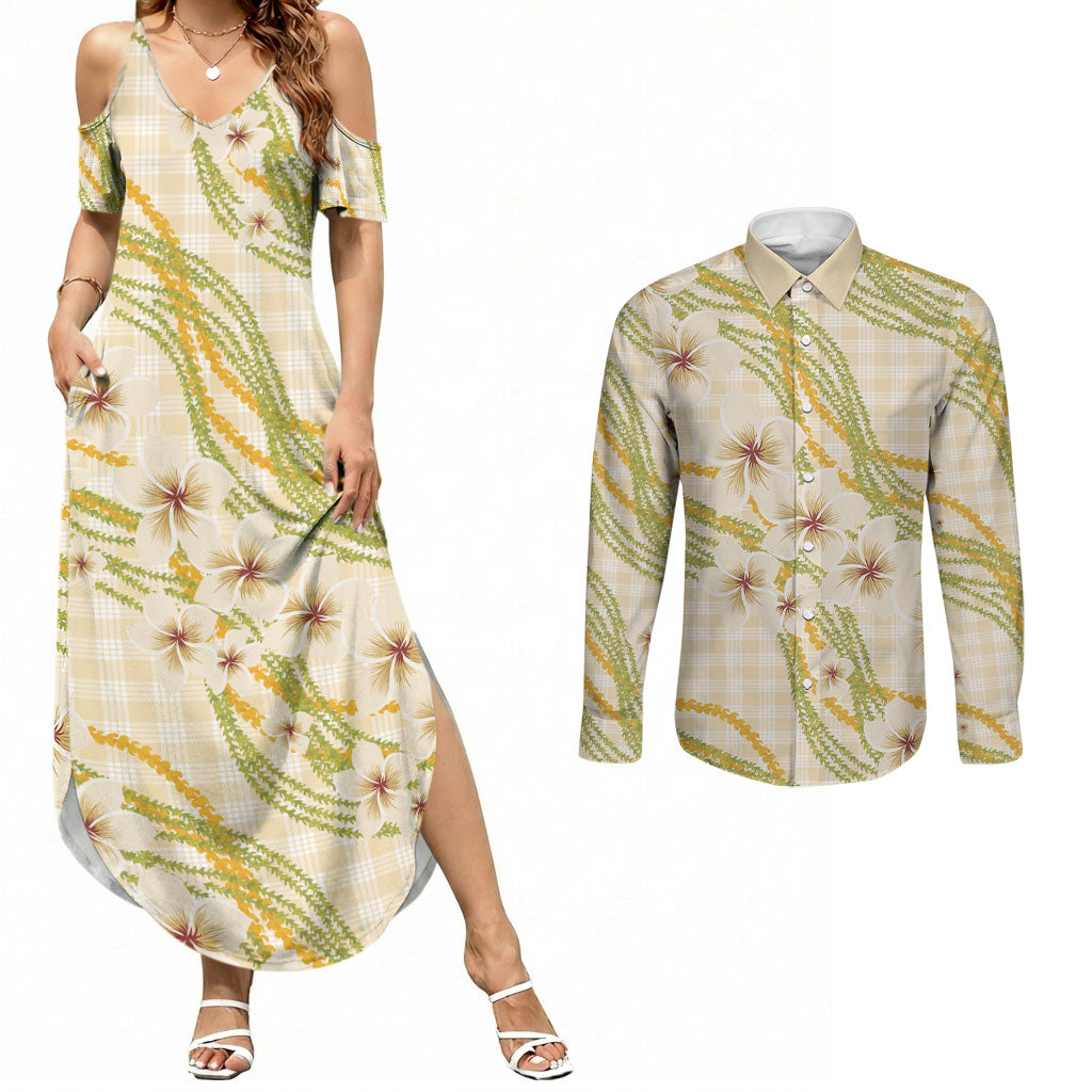 Melemele Ahiahia Hawai'i Palaka Plumeria Couples Matching Summer Maxi Dress and Long Sleeve Button Shirt Puakenikeni and Maile Lei LT9 Pastel Yellow - Polynesian Pride