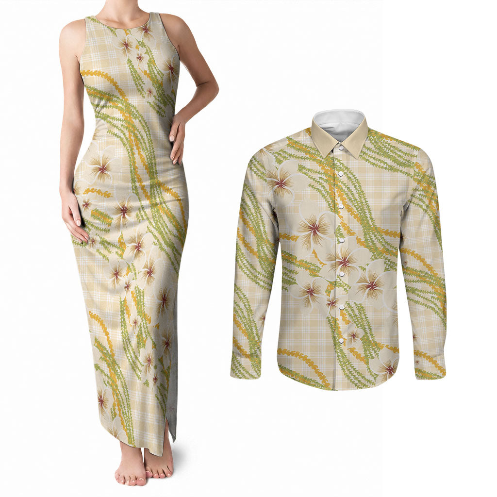 Melemele Ahiahia Hawai'i Palaka Plumeria Couples Matching Tank Maxi Dress and Long Sleeve Button Shirt Puakenikeni and Maile Lei LT9 Pastel Yellow - Polynesian Pride