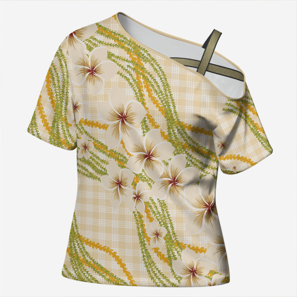 Melemele Ahiahia Hawai'i Palaka Plumeria Cross Shoulder Shirt Puakenikeni and Maile Lei LT9 Female Pastel Yellow - Polynesian Pride