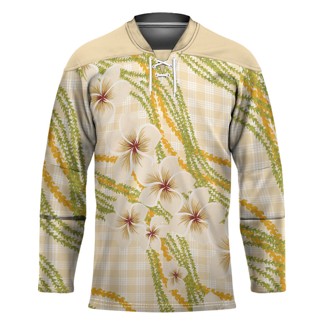 Melemele Ahiahia Hawai'i Palaka Plumeria Hockey Jersey Puakenikeni and Maile Lei LT9 Unisex Pastel Yellow - Polynesian Pride