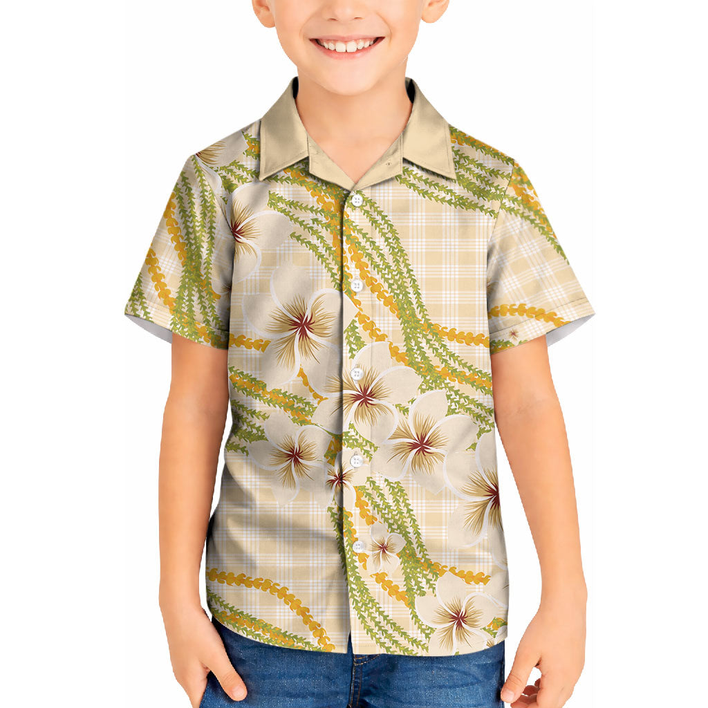 Melemele Ahiahia Hawai'i Palaka Plumeria Kid Hawaiian Shirt Puakenikeni and Maile Lei LT9 Kid Pastel Yellow - Polynesian Pride
