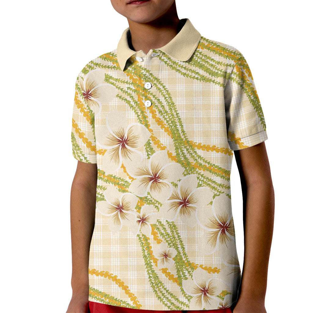 Melemele Ahiahia Hawai'i Palaka Plumeria Kid Polo Shirt Puakenikeni and Maile Lei LT9 Kid Pastel Yellow - Polynesian Pride
