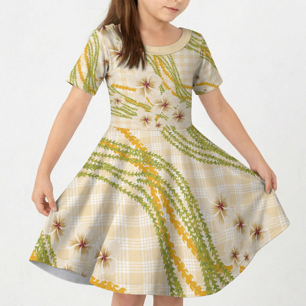 Melemele Ahiahia Hawai'i Palaka Plumeria Kid Short Sleeve Dress Puakenikeni and Maile Lei LT9 KID Pastel Yellow - Polynesian Pride