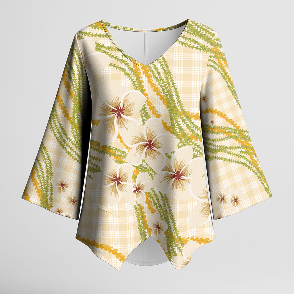 Melemele Ahiahia Hawai'i Palaka Plumeria Kimono Sleeve Blouse Puakenikeni and Maile Lei LT9 Female Pastel Yellow - Polynesian Pride