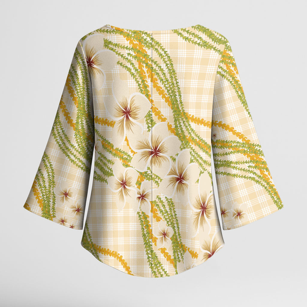 Melemele Ahiahia Hawai'i Palaka Plumeria Kimono Sleeve Blouse Puakenikeni and Maile Lei LT9 - Polynesian Pride