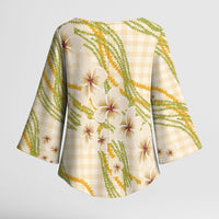 Melemele Ahiahia Hawai'i Palaka Plumeria Kimono Sleeve Blouse Puakenikeni and Maile Lei LT9 - Polynesian Pride