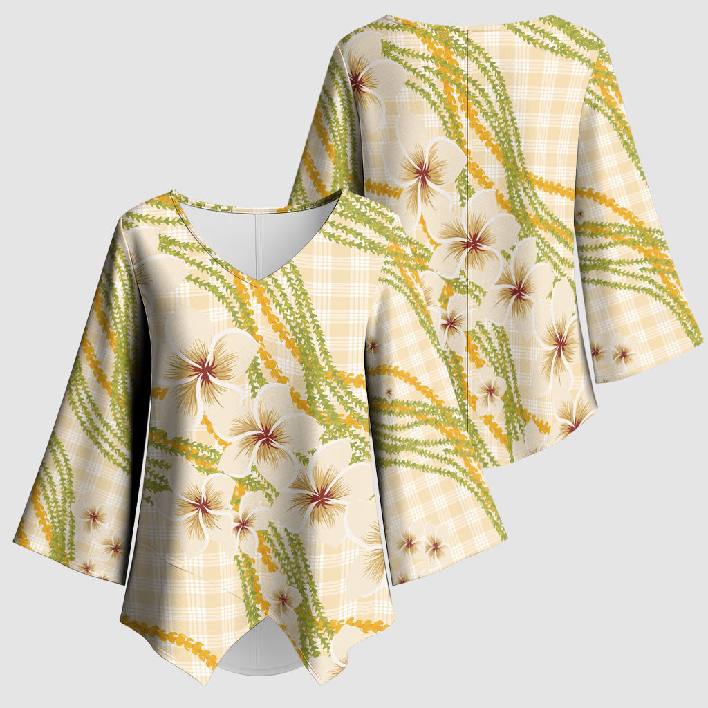 Melemele Ahiahia Hawai'i Palaka Plumeria Kimono Sleeve Blouse Puakenikeni and Maile Lei LT9 - Polynesian Pride