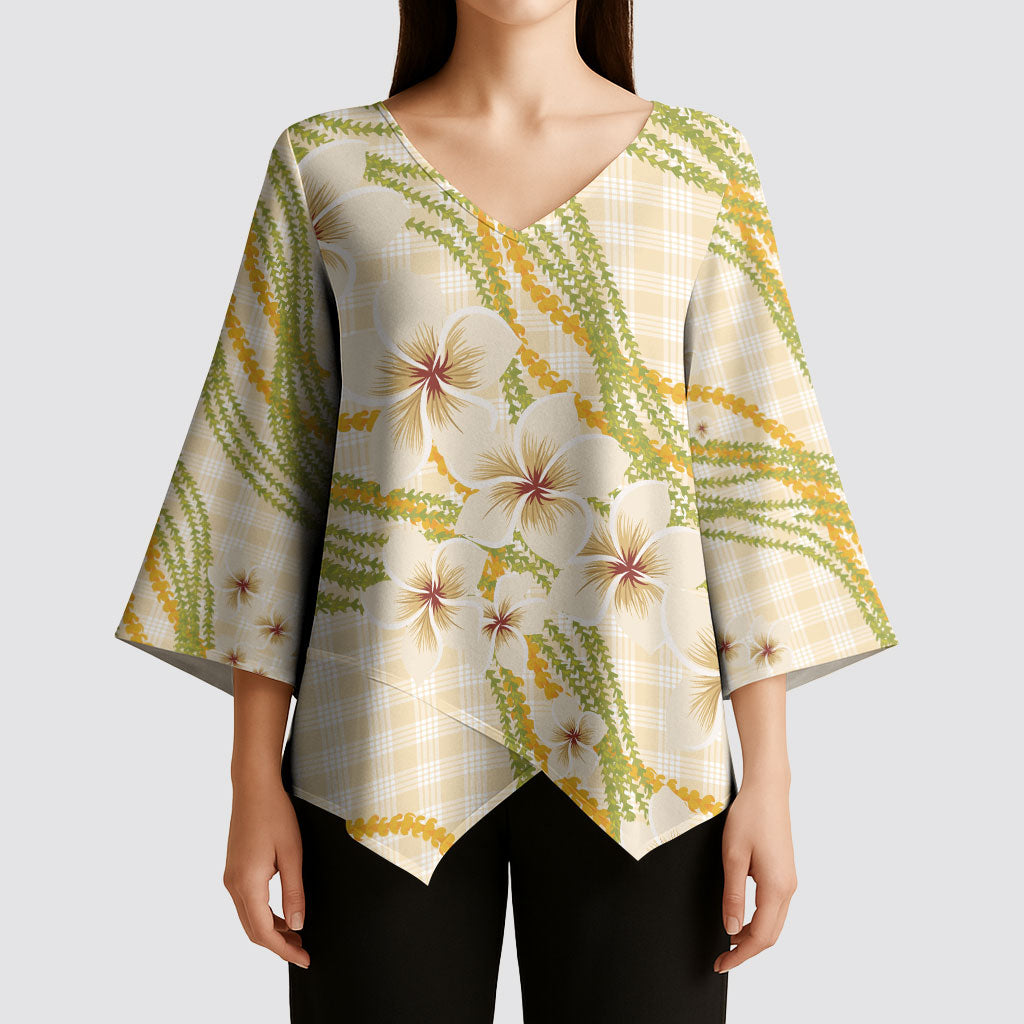 Melemele Ahiahia Hawai'i Palaka Plumeria Kimono Sleeve Blouse Puakenikeni and Maile Lei LT9 - Polynesian Pride